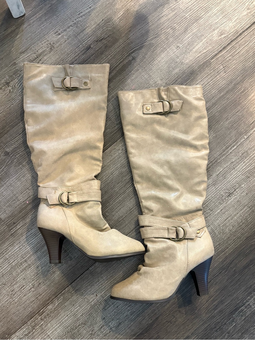 Knee-High Buckle Heeled Boots in Taupe